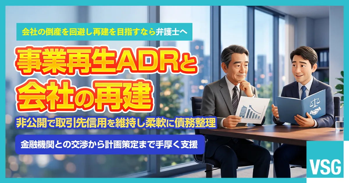 会社の倒産を回避し非公開で事業再建を目指すため、事業再生ADRの手続きやメリット・デメリットについて弁護士へ相談を検討している企業経営者のイメージ画像