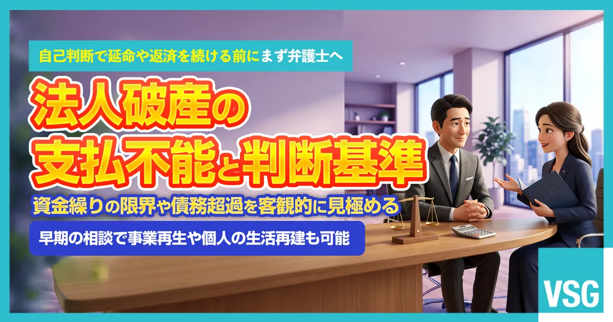 法人破産における支払不能の判断基準や債務超過との違い、預金残高や資金繰り表による証明方法について弁護士へ相談している企業経営者のイメージ画像