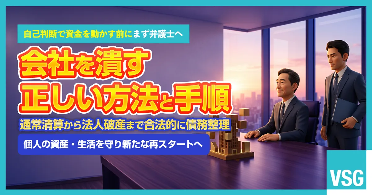 会社を潰す方法として通常清算や法人破産の手続きの流れ、偏頗弁済や財産隠しのリスクを回避し個人の生活再建について弁護士へ相談している企業経営者のイメージ画像