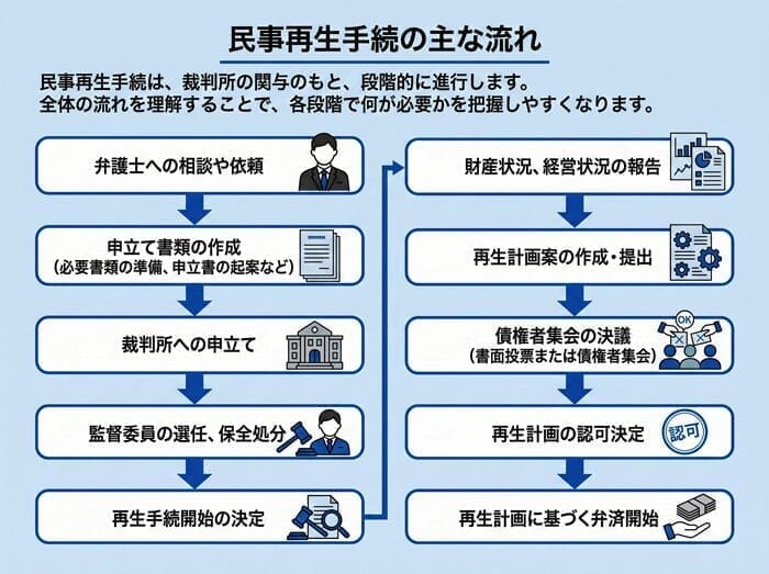 民事再生法の手続きは、裁判所の関与のもとで段階的に進められます。全体の流れを把握しておくことで、どの段階で何が求められるのかを理解しやすくなります。