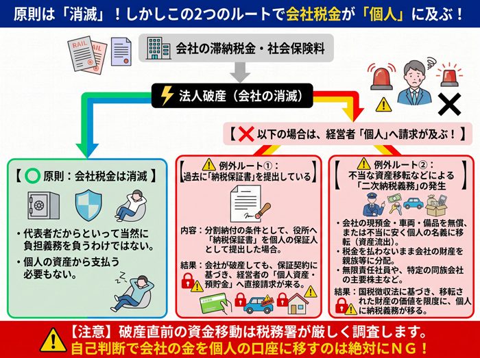 会社の滞納税金が経営者個人へ及ぶ2つの例外ルートを示す図解。原則として法人破産で会社の税金は消滅するが、①納税保証書の提出や②第二次納税義務(不当な財産分配・無償譲渡等)が発生すると経営者個人の私財へ請求が及ぶ仕組みを解説
