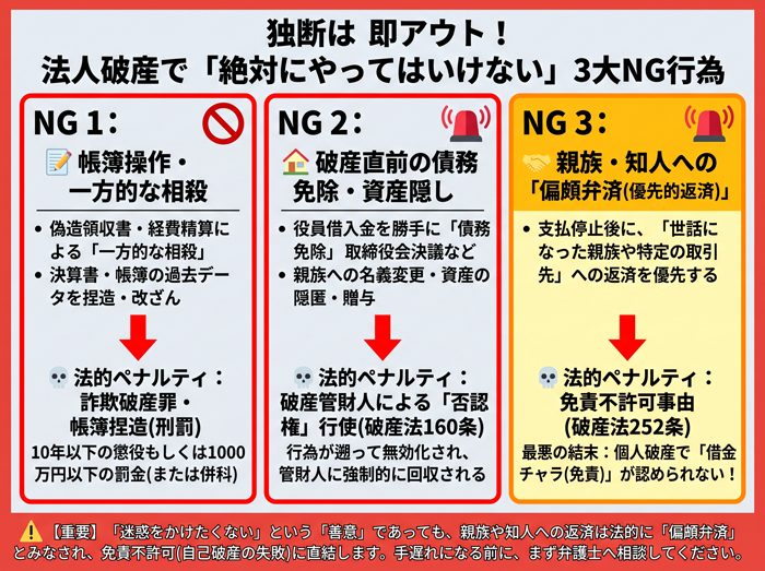 法人破産手続きで絶対にやってはいけない3大NG行為とペナルティを示す図解。①帳簿の書き換え・勝手な相殺（粉飾・詐欺破産罪）、②債務免除・財産隠し（否認権で取消）、③偏頗弁済（免責不許可リスク）による破綻リスクを解説