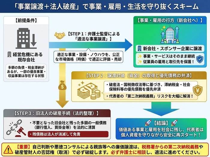 法人破産における「事業譲渡+法人破産」の事業再生スキーム図解。弁護士監修のもと優良事業・雇用を新会社へ適正価格で譲渡し、得られた譲渡対価で滞納税金等の優先債務を清算したうえで旧会社を破産処理する流れと個人リスク回避の仕組みを説明
