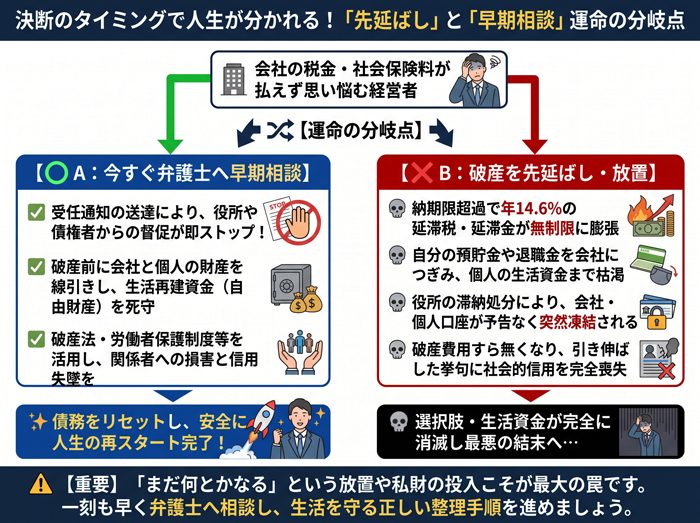 会社の滞納税金や社会保険料がある法人破産における先延ばしリスクと早期弁護士相談の分岐を示すフローチャート図解。放置・先延ばしにすると延滞金の膨張や私財・生活資金の喪失、口座差し押さえのリスクが高まる一方、早期相談により督促停止・生活財産保全・円滑な再起が可能になる仕組みを比較解説