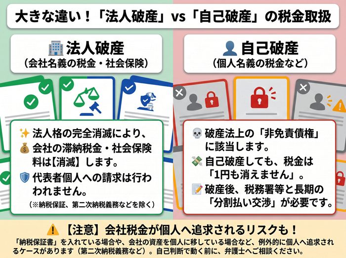 法人破産と個人の自己破産における滞納税金や社会保険料の取り扱いの違いを示す比較図解。法人破産では会社消滅により滞納税金が消滅する一方、個人の自己破産では非免責債権として税金の支払い義務が残る仕組みを解説