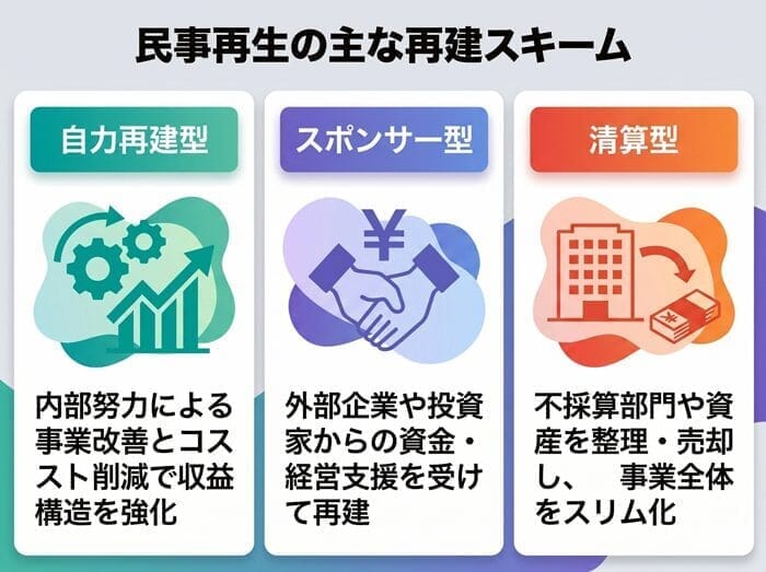 再建の方法は一つではなく、企業の状況や資金力、事業の将来性に応じて複数のスキームが選択されます。
