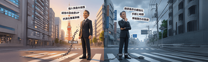 経営者保証を外すことは、社長個人のリスクを減らすだけでなく、会社の将来にとっても大きな意味を持ちます。一方で、保証を外すことで新たな制約が生まれる場合もあるため、メリットとデメリットの両面を理解したうえで判断することが大切です。