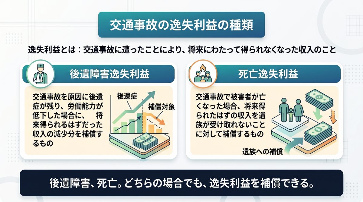 交通事故における逸失利益の種類（後遺障害逸失利益と死亡逸失利益）とその補償内容を解説した図