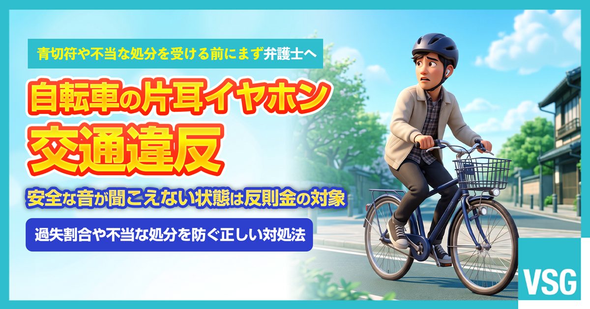 自転車走行中に片耳イヤホンを使用して交通違反や青切符、交通事故の過失割合に悩み、弁護士へ相談を検討しているサイクリストのイメージ画像