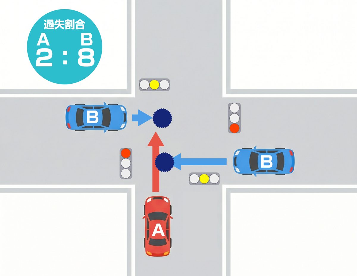 黄色信号で交差点に進入した自動車Aと、赤信号で交差点に侵入してきた自動車Bが衝突した場合、過失割合は「A：B＝２：８」となります。