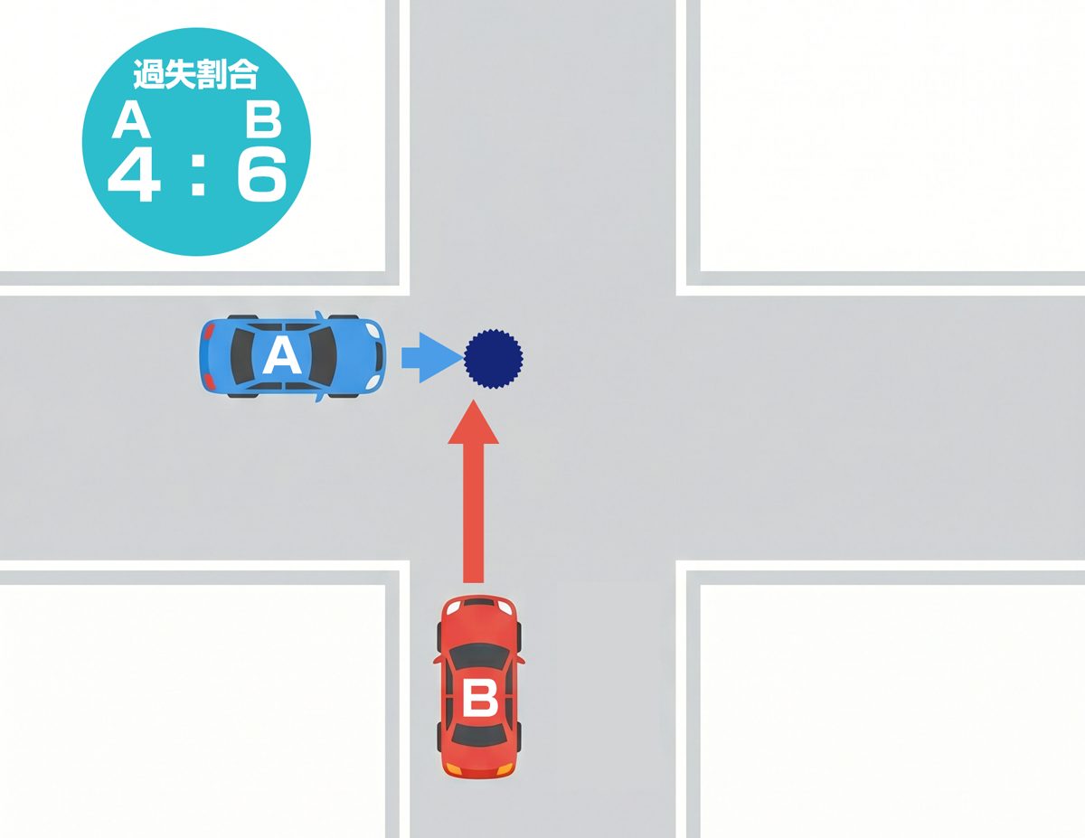 ほぼ同幅員の交差点で、同じ速度の自動車同士で衝突した場合の過失割合は「A：B＝４：６」となります（左方優先の原則）。