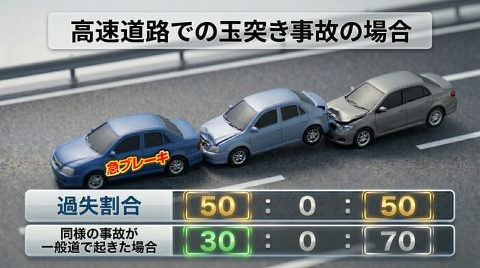 高速道路で発生した玉突き事故のケースを図解。前方車にも過失が認められやすい傾向がある