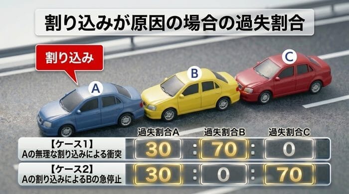 前方車両が無理な割り込みを行ったことにより、多重事故が発生するケースです。