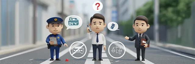 キャプション：交通事故で相手方の連絡先がわからない場合には、警察や弁護士に相談しましょう。