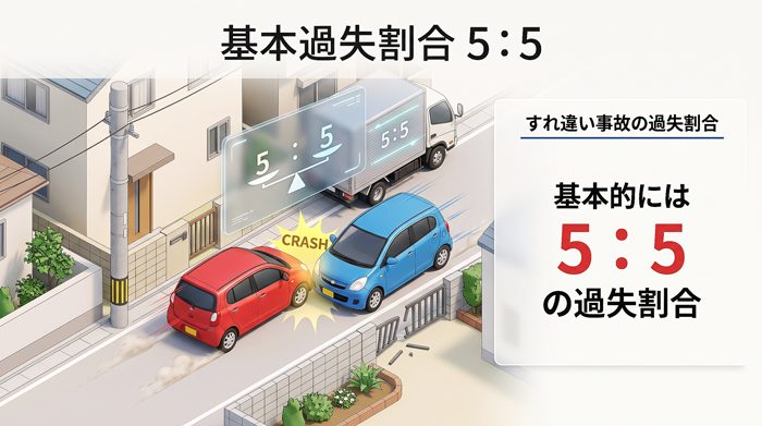 すれ違い事故の過失割合を図解。50:50として双方に過失が認められるのが基本
