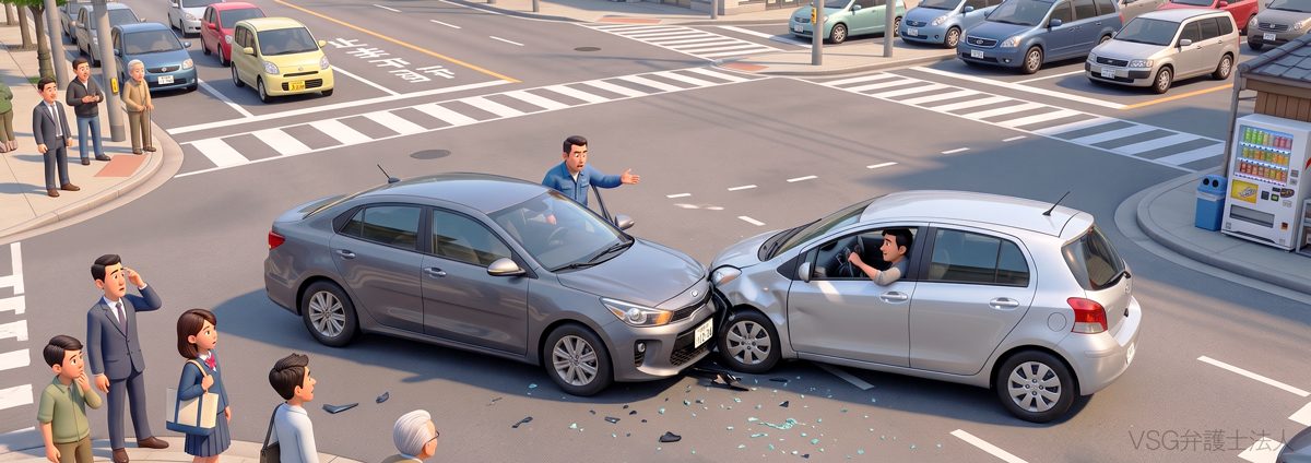右折しようとする車両と直進車両が衝突する事故のイメージ画像