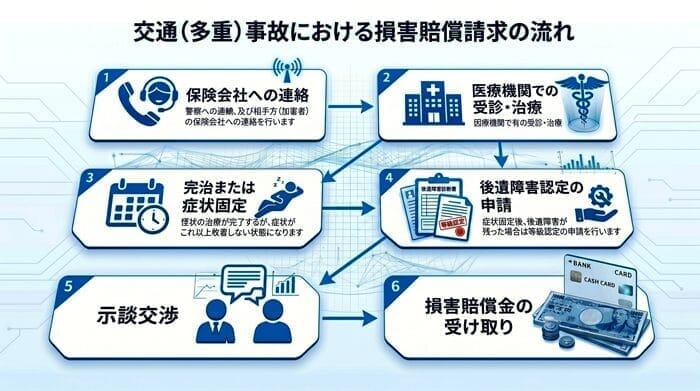 玉突き事故で適正な損害賠償を受けるためには、一定の手順に沿って対応を進めることが重要です。対応の順序を誤ると、本来受け取れるはずの補償が減額されるおそれもあるため、全体の流れを把握しておきましょう。