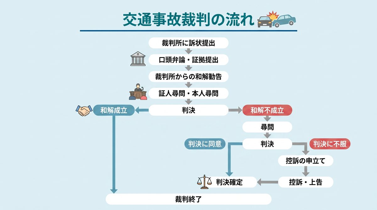交通事故の裁判の流れ。判決や和解までに6カ月〜1年程度かかるケースもあることがわかる