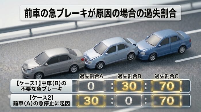３台の車両（A車→B車→C車の順）による玉突き事故で、真ん中を走行していたB車が不必要な急ブレーキをかけた場合、過失割合は「A車0％・B車30％・C車70％」となるのが一般的です。