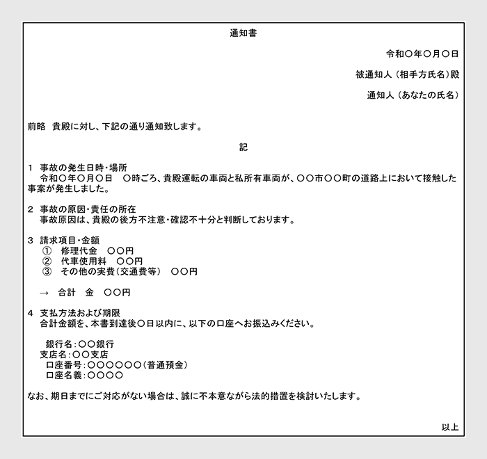 内容証明郵便のテンプレート：物損事故の場合