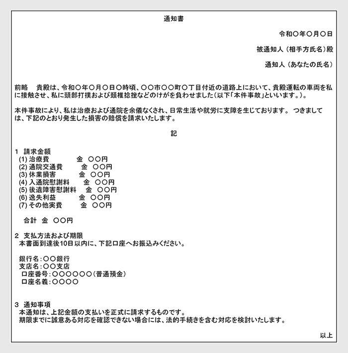 内容証明郵便のテンプレート：人身事故の場合
