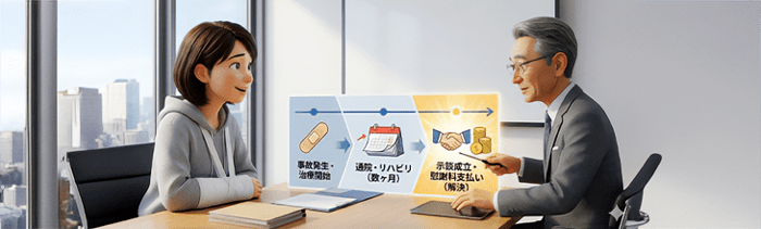 交通事故で骨折した場合、慰謝料は治療の進行に合わせて段階的に手続きを進め、最終的に示談成立後に支払われます。