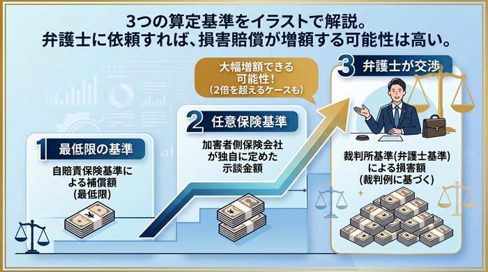 ３つの算定基準を図解。弁護士に依頼すれば賠償額を増額できる可能性が高い
