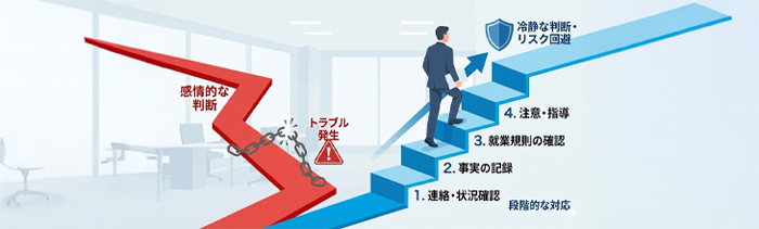 無断欠勤が続く場合、感情的な判断で処分に踏み切るのではなく、段階を踏んで冷静に対応することが大切です。
