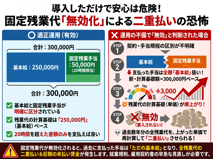 固定残業代制度が無効化された場合の二重払いリスク図解。適法な場合と無効な場合を比較し、手当が基本給とみなされることで基礎時給が急上昇し、引き上げられた時給で過去の全残業代を再計算・二重払いさせられる落とし穴を説明