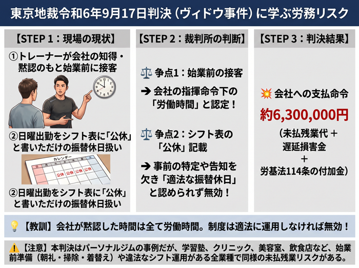 東京地裁令和6年9月17日判決(ヴィドウ事件)の教訓を示す図解。始業前のトレーニング指導やシフト表の公休記載が無効と判断され約630万円の支払命令が下された流れと他業種での注意点を解説