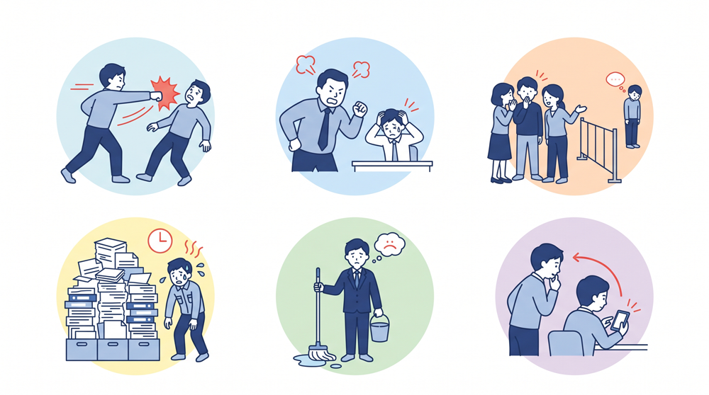 厚生労働省が定めるパワハラ6類型のイラスト図解。①身体的な攻撃、②精神的な攻撃、③人間関係からの切り離し、④過大な要求、⑤過小な要求、⑥個の侵害の各シーンを2行3列のイラストと名称でわかりやすく一覧整理