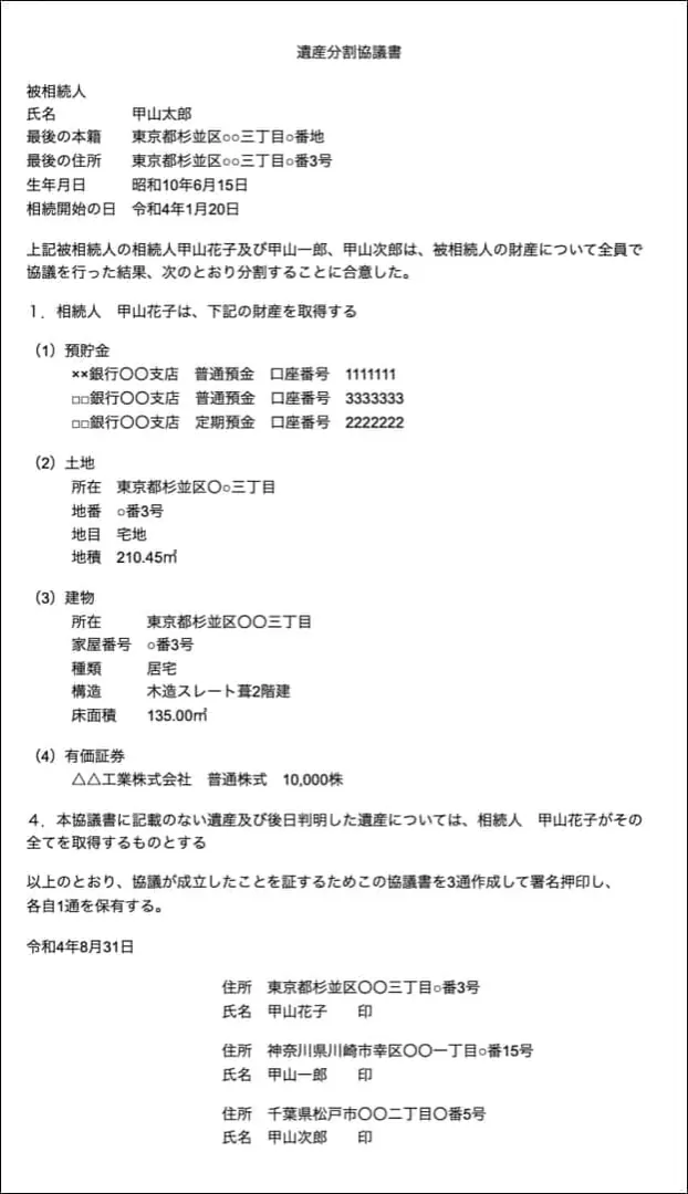 遺産分割協議書(遺産の内容がわかっている場合)