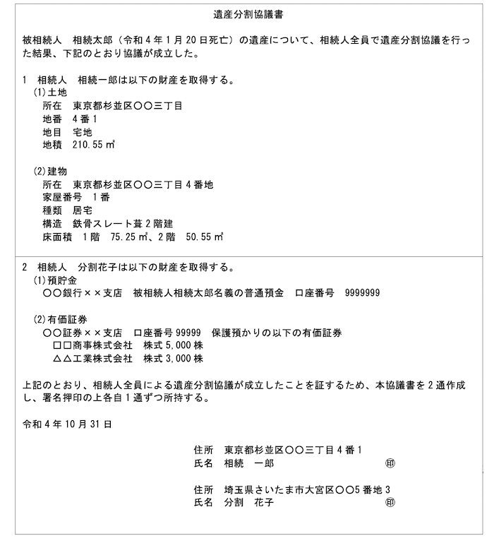 遺産分割協議書の記載例