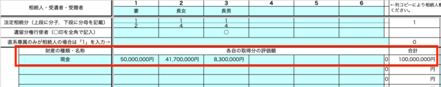 遺言で遺贈される金額を受遺者別に入力