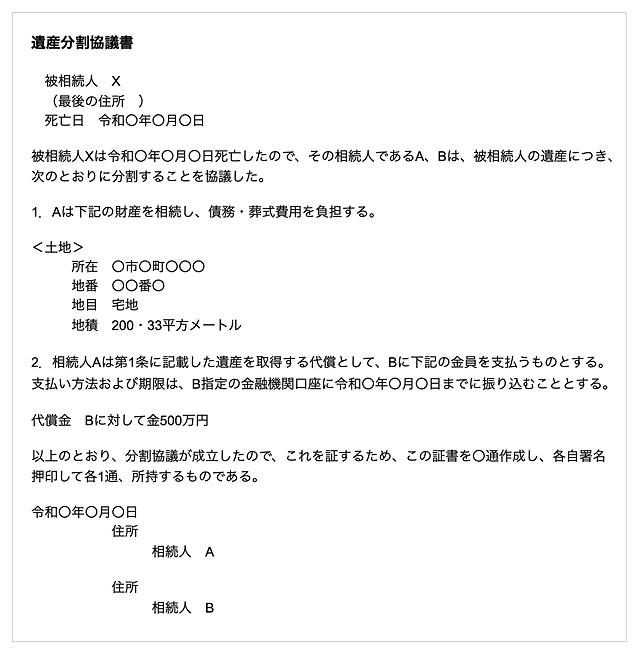 代償分割の遺産分割協議書の例