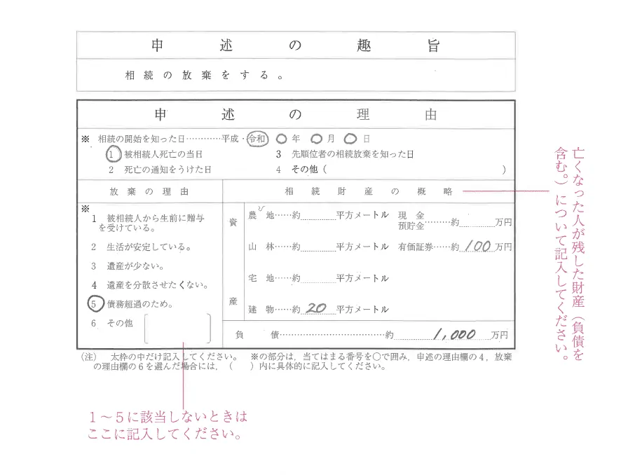 相続放棄申述書の書き方のサンプル 成人の場合２