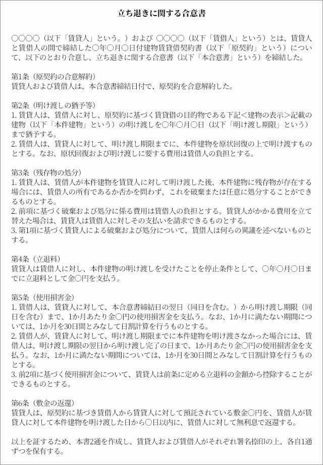 立ち退き合意書のひな形・記載例