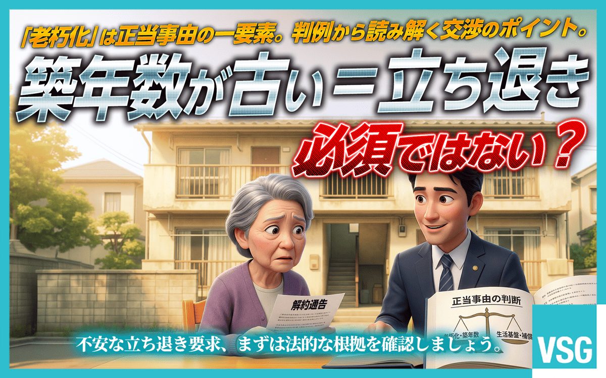 立ち退きにおける正当事由は、双方の使用の必要性や賃貸借の経過、建物の現況(築年数など)、補償内容などを総合的に考慮して決定されます。立ち退き料に納得できない場合には、弁護士に相談して増額交渉を行うべきです。正当事由が認められるかどうかを適切に判断するため、築年数に言及した判例一覧を紹介します。