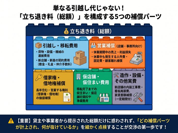 立ち退き料の内訳と構成要素を示すブレイクダウン図解。引越し・移転費用、営業補償、仮店舗・仮住まい費用、借家権・借地権補償、造作・設備補償が合算されて立ち退き料の総額が作られる仕組みのイラスト