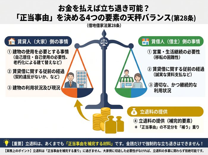 借地借家法第28条の正当事由を構成する4要素を示す図解。賃貸人と賃借人の建物使用の必要性などの一次的要素に、補完要素である立ち退き料の提供が加わることで正当事由のバランスが決まる天秤イラスト