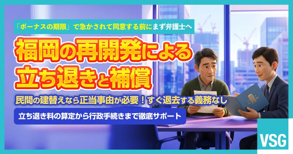 天神や博多の再開発・建替えに伴う立ち退き要求に対し、都市再開発法と借地借家法の違いや、適正な補償金・立ち退き料の算定について弁護士へ相談を検討している借家人のイメージ画像