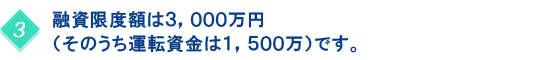 融資限度額は３，０００万円（そのうち運転資金は１，５００万）です。