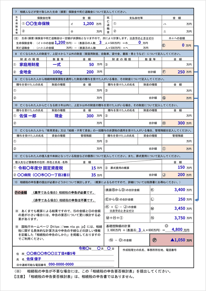 完成した検討表（裏面）