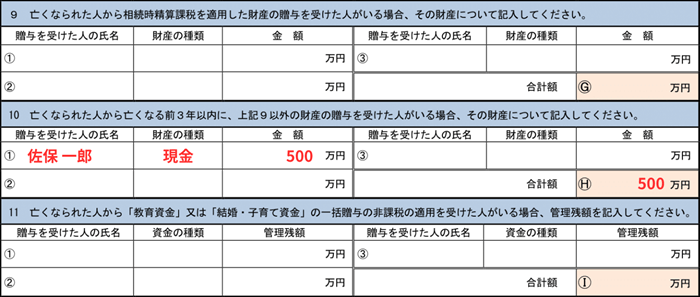 生前贈与の情報を記入する欄