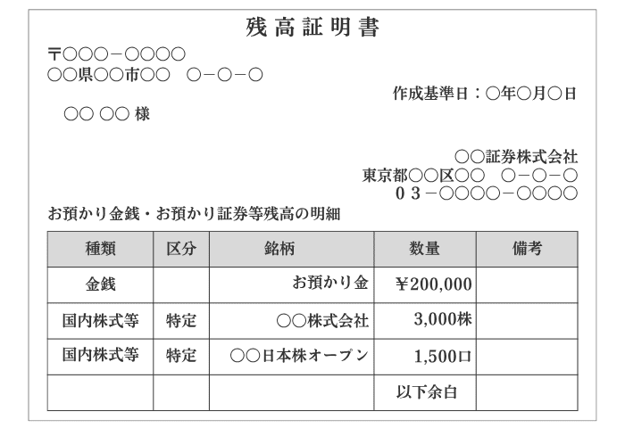 証券会社の残高証明書の例