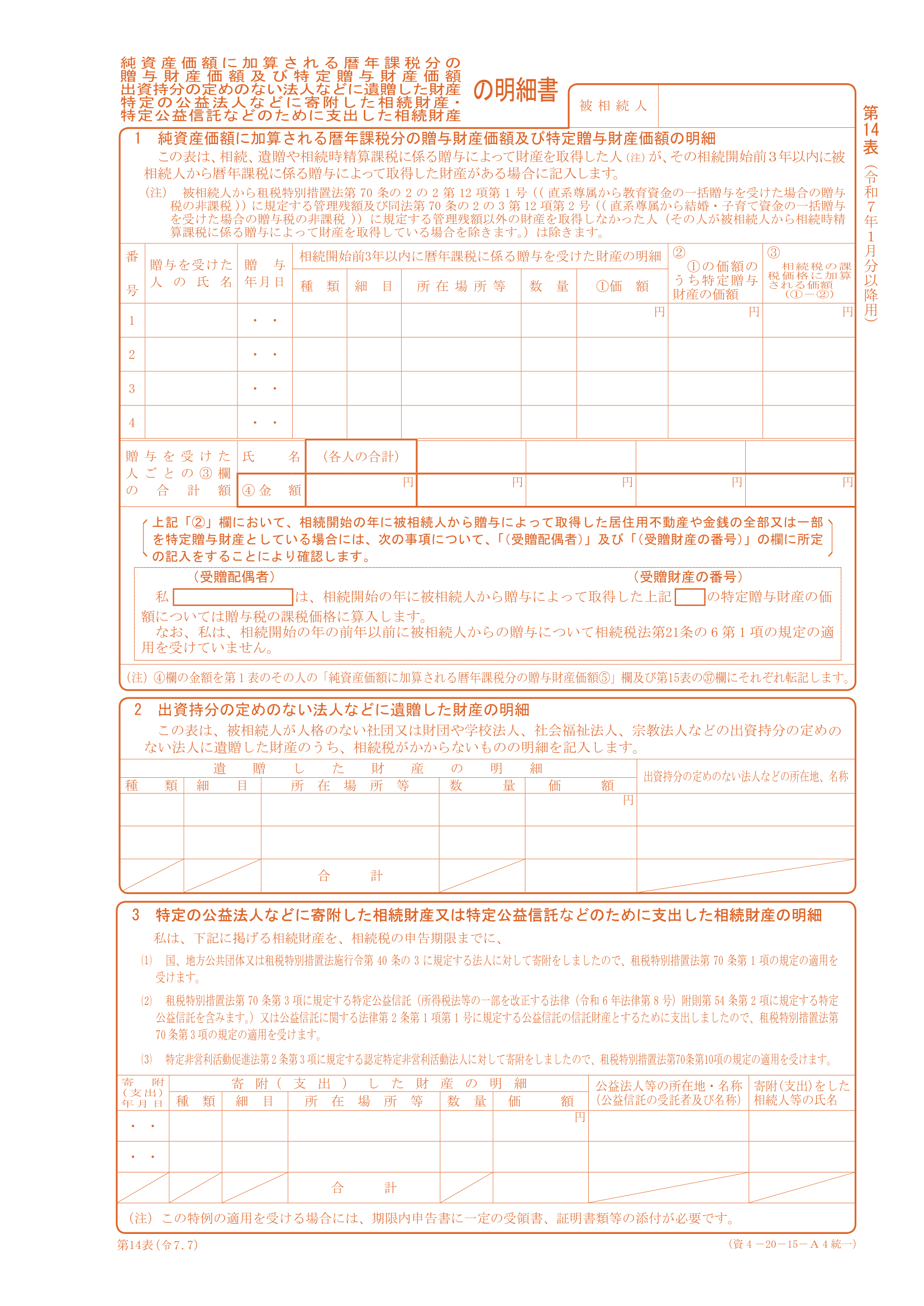 第14表　純資産価額に加算される贈与財産価額等の明細書