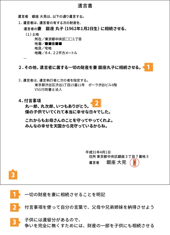 妻（夫）にすべて相続させたい場合（子供あり）の遺言の書き方・文例