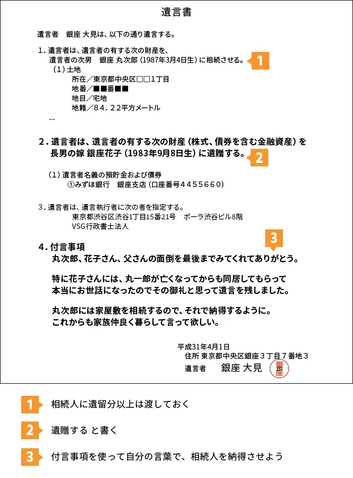 本来、相続人ではない娘・婿に財産をあげたい場合の遺言の書き方・文例