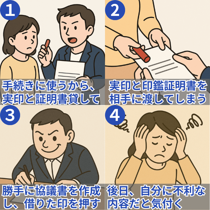 印鑑証明書と実印を渡す危険性のイラスト