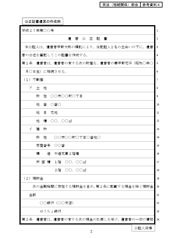 公正証書遺言の作成例